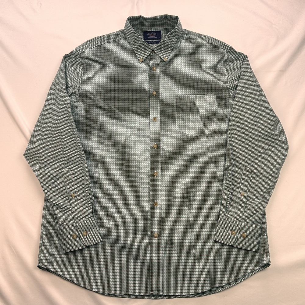 Charles Tyrwhitt Weekend Men Green Blue Plaid Cotton Long Sleeve Shirt XL - Picture 4 of 6
